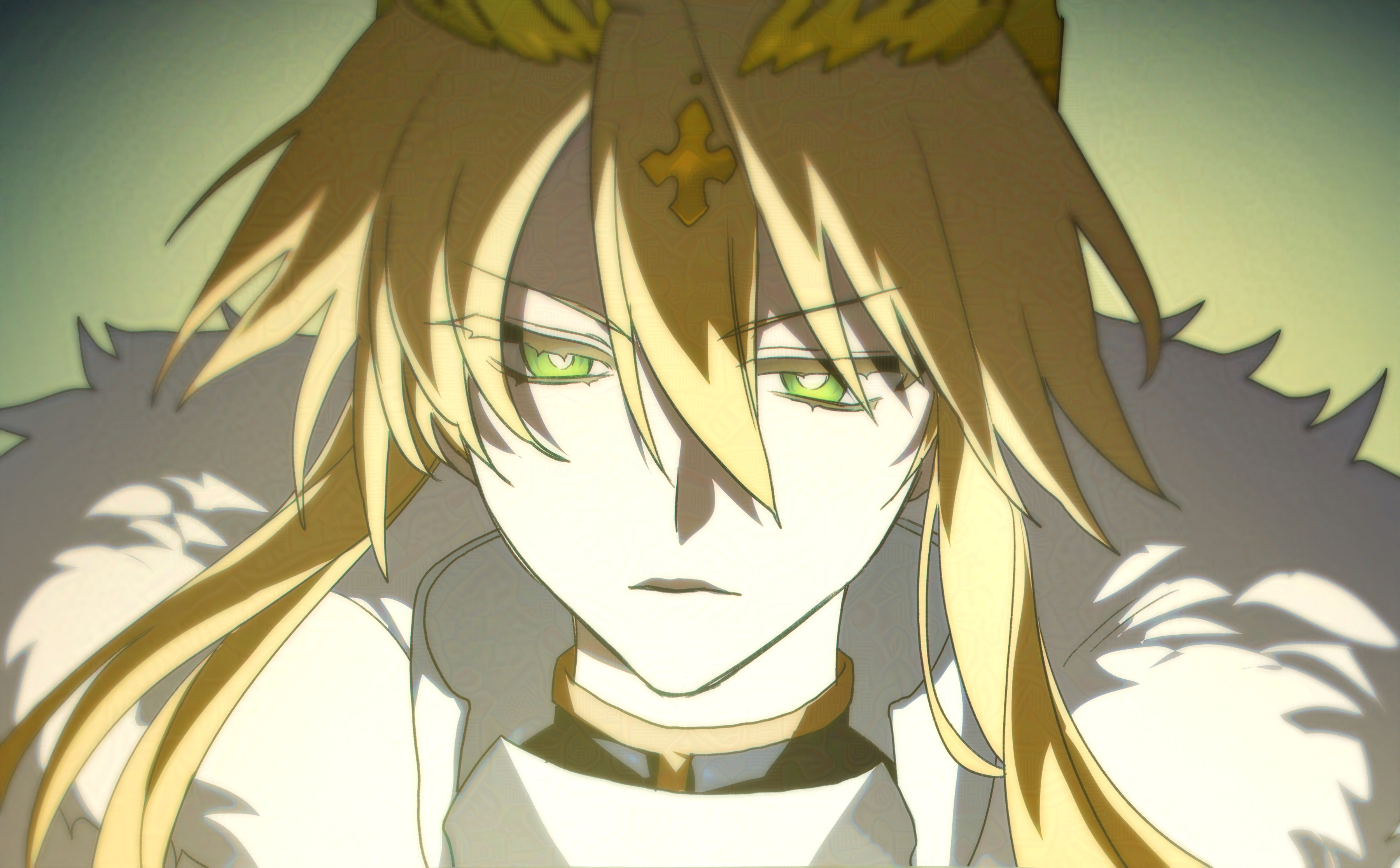 0304rong0304, artoria pendragon (fate), artoria pendragon (lancer) (fate), lion king (lancer) (fate), fate/grand order, fate (series), absurdres, commentary request, highres, korean commentary, 1girl, armor, blonde hair, crown, expressionless, fur trim, glowing, glowing eyes, green background, green eyes, portrait, sidelocks, solo, v-shaped eyebrows