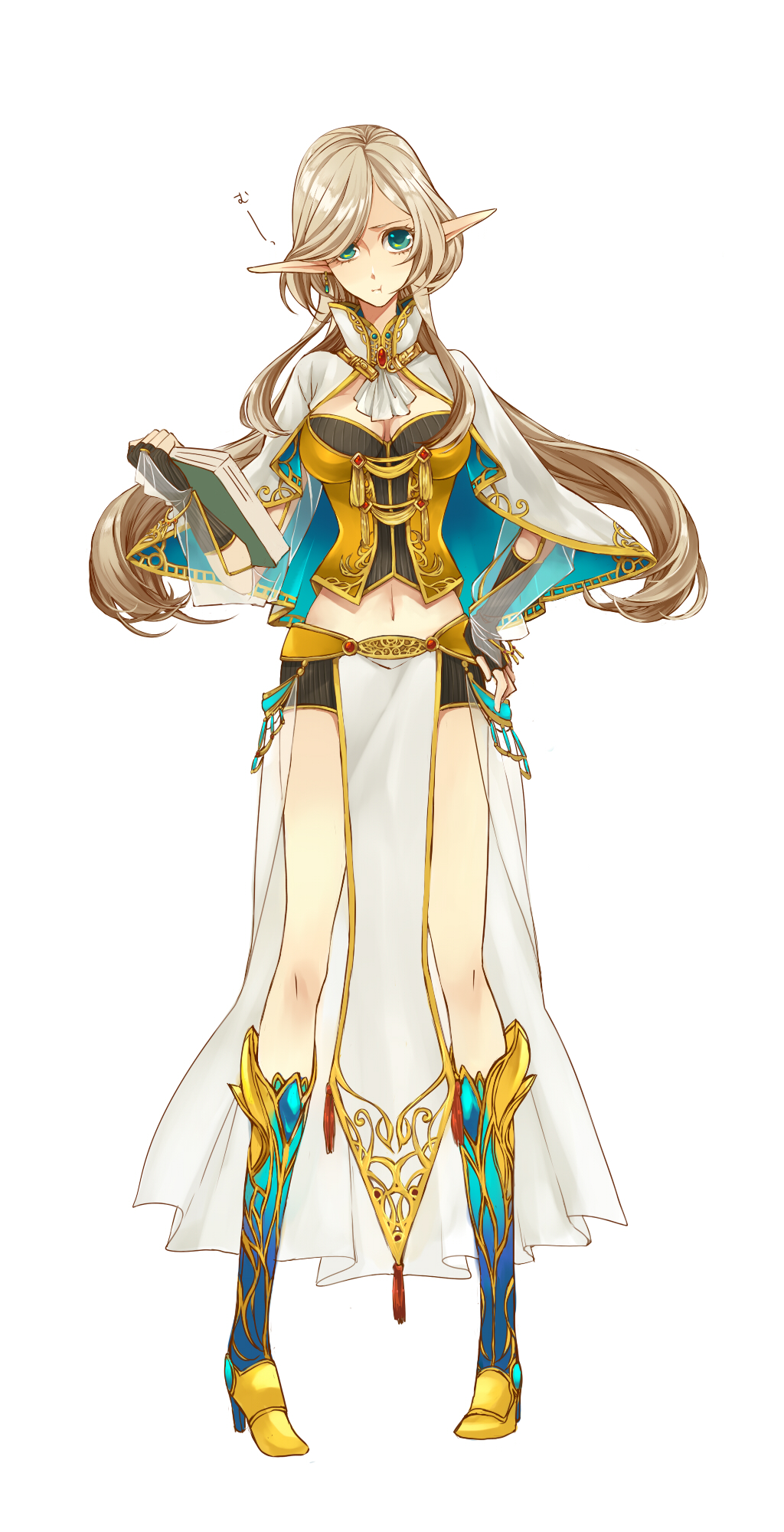 katase waka, ptc, highres, 1girl, blonde hair, book, boots, cape, earrings, elf, female focus, gloves, green eyes, high heels, jewelry, long hair, midriff, navel, pointy ears, pout, shoes, solo