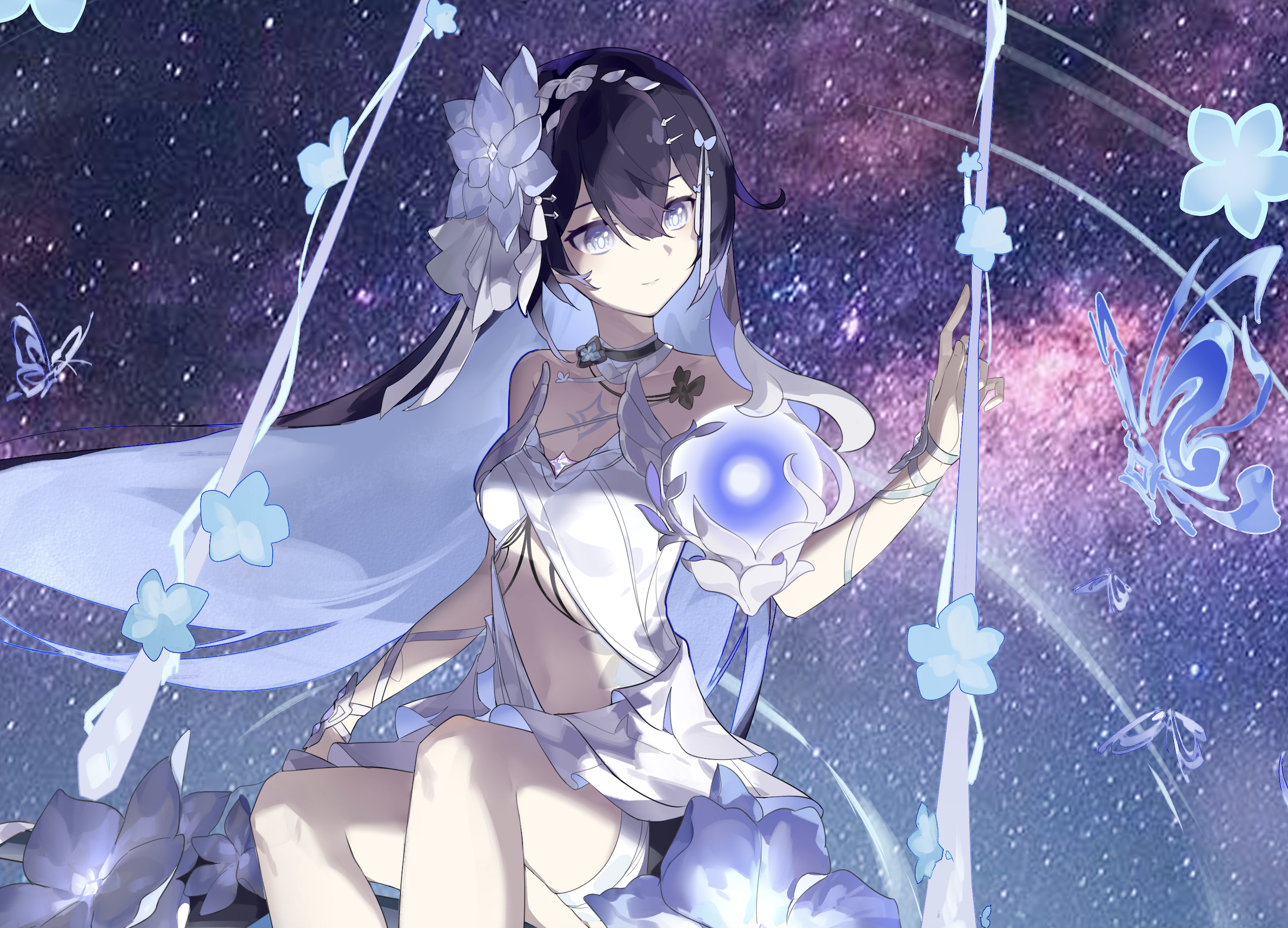 seele vollerei, seele vollerei (herrscher of rebirth), honkai (series), honkai impact 3rd, commentary request, highres, 1girl, bare shoulders, black hair, blue eyes, blue hair, breasts, bug, butterfly, clothing cutout, colored inner hair, dress, flower, hair flower, hair ornament, insect, long hair, multicolored hair, on swing, sky, small breasts, smile, solo, star (sky), starry sky, stomach cutout, swing, tameng official, two-tone hair, very long hair, white dress