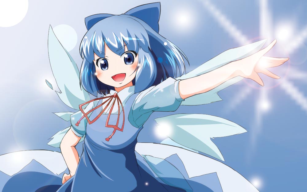kotorimax, cirno, embodiment of scarlet devil, touhou, 1girl, blue eyes, blue hair, bow, dress, female focus, gradient background, hair bow, matching hair/eyes, short hair, solo, wings