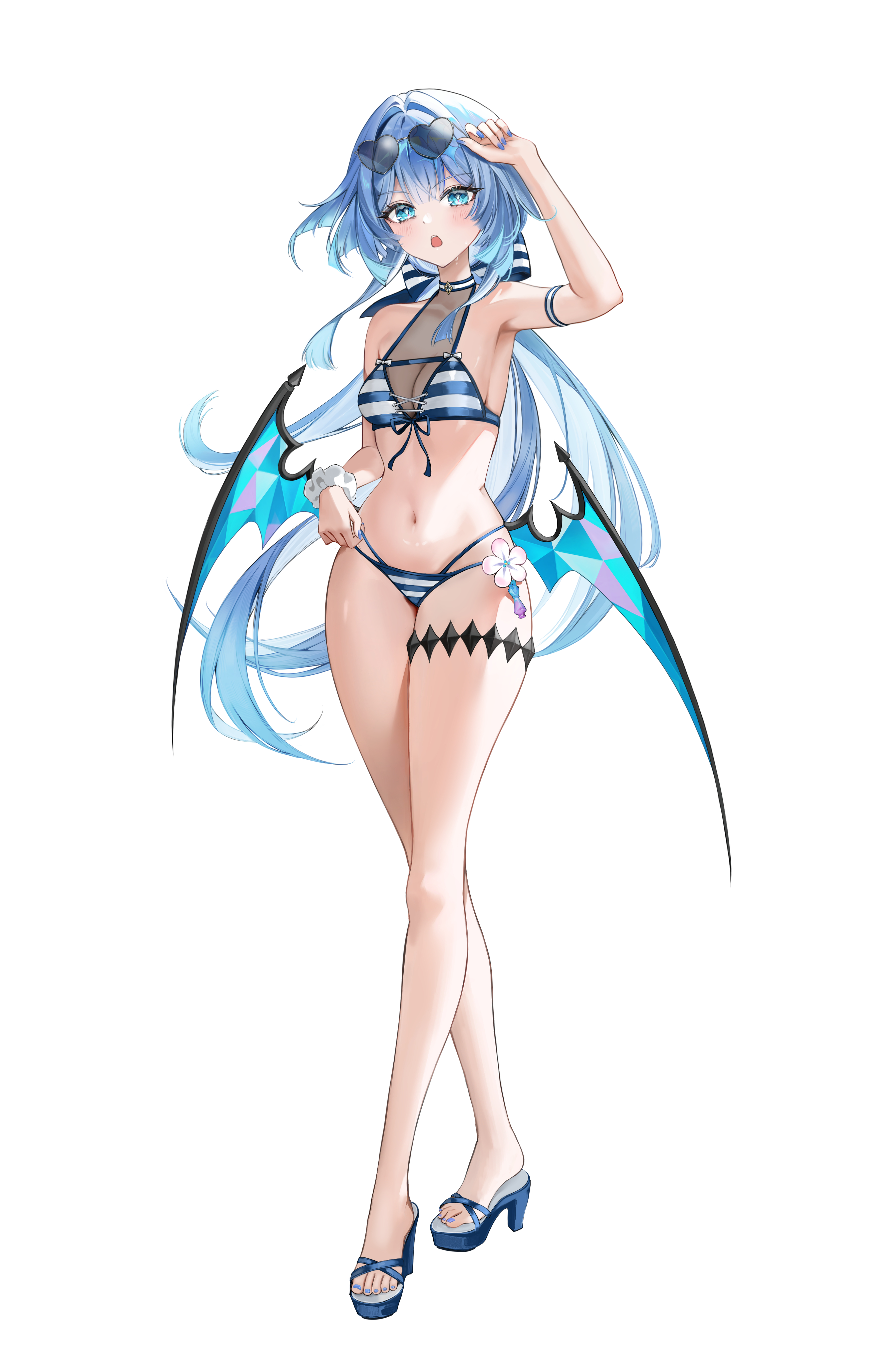hasom, cerydra (honkai: star rail), honkai: star rail, honkai (series), absurdres, commentary, highres, 1girl, alternate costume, bikini, blue eyes, blue sandals, breasts, bright pupils, cleavage, eyewear on head, floating hair, full body, heart, heart-shaped eyewear, long hair, looking at viewer, navel, open mouth, sandals, simple background, solo, standing, stomach, sunglasses, swimsuit, tachi-e, thighs, white background, white pupils, wings