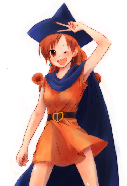saya (artist), saya (sayaz), alena (dq4), chunsoft, dragon quest, dragon quest iv, enix, bad id, bad pixiv id, 1girl, blush, cape, dress, earrings, female focus, hat, jewelry, no legwear, one eye closed, orange skirt, red eyes, red hair, skirt, solo, v, wink