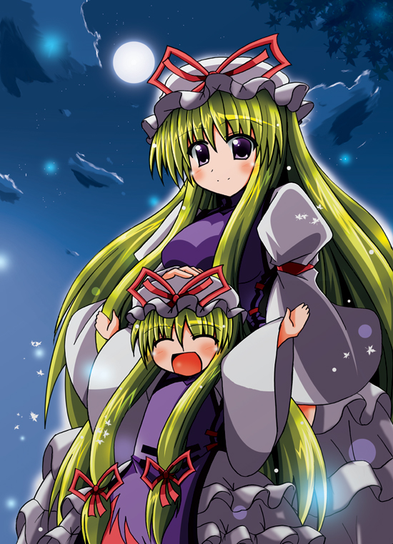 kotorimax, yakumo yukari, yakumo yukari (young), touhou, 2girls, aged down, blonde hair, child, cloud, dual persona, female focus, hat, long hair, multiple girls, outdoors, plant, purple eyes, sky, standing, time paradox