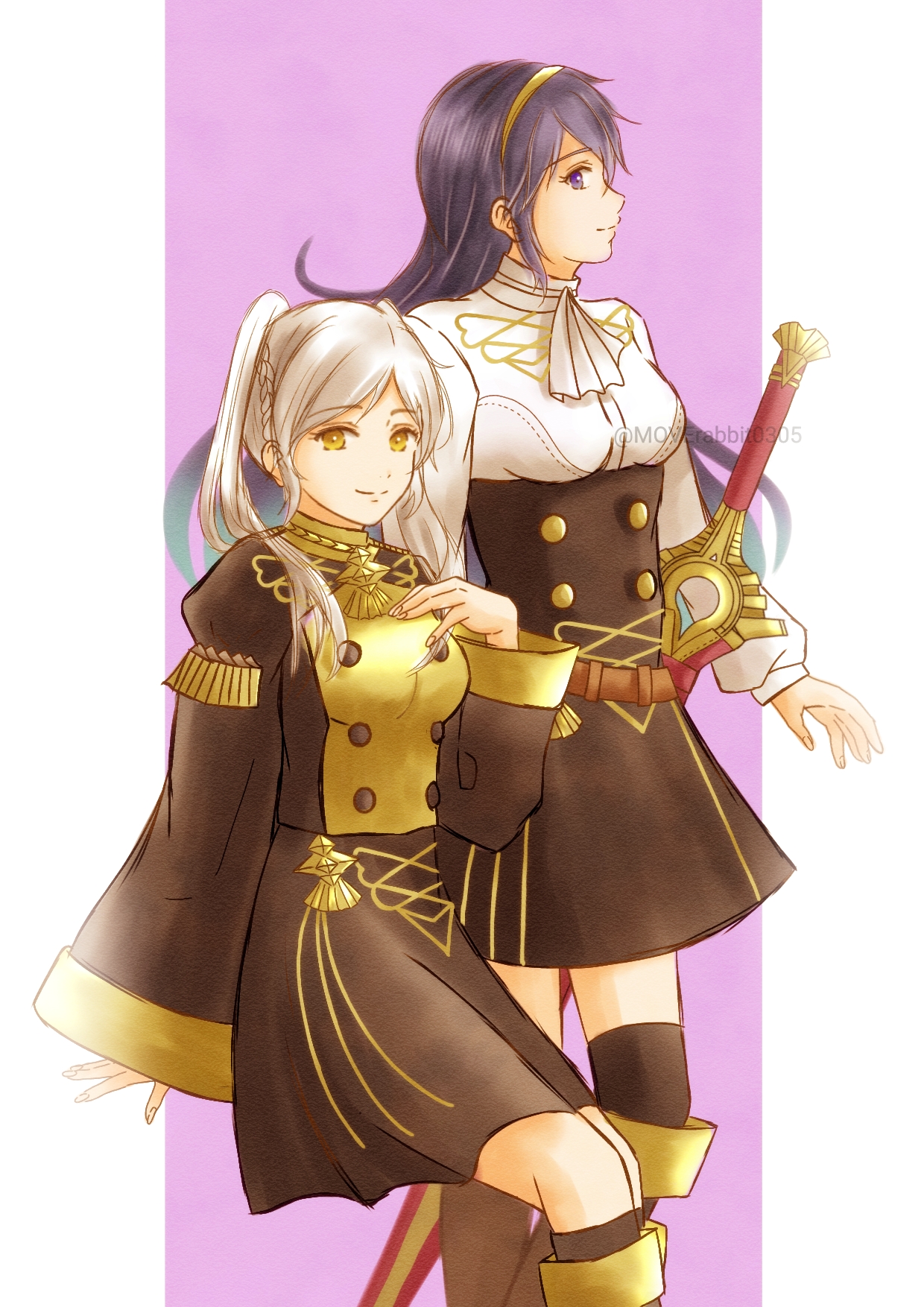 moverabbit0305, female robin (fire emblem), lucina (fire emblem), fire emblem, fire emblem awakening, intelligent systems, nintendo, highres, 2girls, alternate breast size (larger), alternate costume, belt, blue eyes, blue hair, boots, border, breasts, buttons, corset, eyelashes, falchion (fire emblem), female focus, fingernails, hand on own chest, invisible chair, knee boots, kneehighs, long hair, long sleeves, looking at viewer, medium breasts, miniskirt, multiple girls, neck, pink background, profile, sidelocks, sitting, skirt, small breasts, smile, socks, standing, swept bangs, sword, thighhighs, thighhighs under boots, thighs, tiara, twintails, weapon, white border, white hair, wide sleeves, yellow eyes
