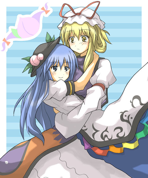 hino ryuu, hinoryu, hinanawi tenshi, yakumo yukari, touhou, bad id, bad pixiv id, 2girls, female focus, food, fruit, gap (touhou), hat, holding, multiple girls, peach