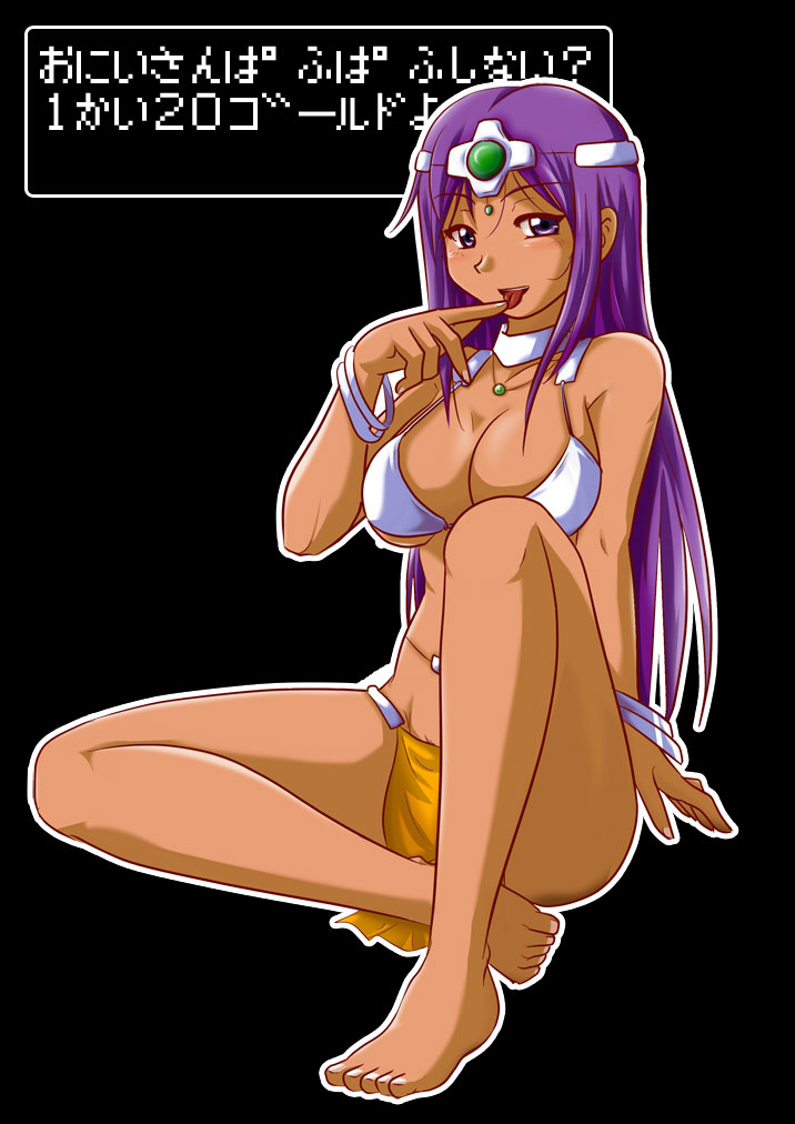 enno, manya (dq4), chunsoft, dragon quest, dragon quest iv, enix, bad id, bad pixiv id, translation request, 1girl, barefoot, blush, bracelet, breasts, circlet, cleavage, dark-skinned female, dark skin, earrings, feet, female focus, jewelry, large breasts, loincloth, long hair, necklace, pelvic curtain, purple eyes, purple hair, solo, tongue