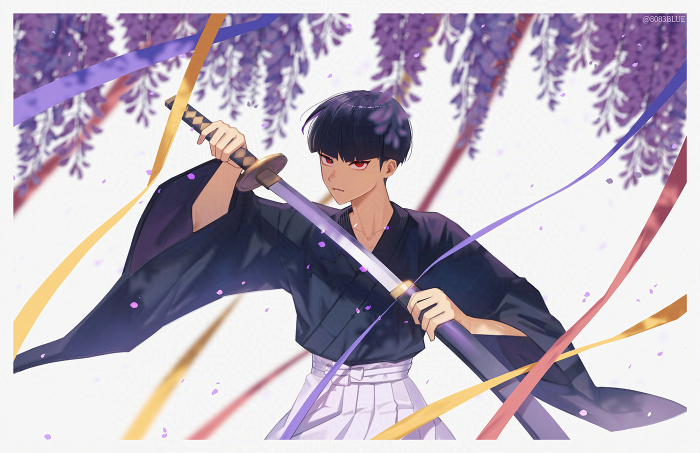 8083 blue, hoshina soshiro, kaijuu no. 8, commentary, 1boy, black hair, blunt bangs, border, closed mouth, collarbone, drawing sword, flower, hakama, hakama skirt, holding, holding sword, holding weapon, japanese clothes, katana, long sleeves, looking at viewer, male focus, red eyes, short hair, sideburns, skirt, solo, sword, twitter username, weapon, white border, wide sleeves, wisteria
