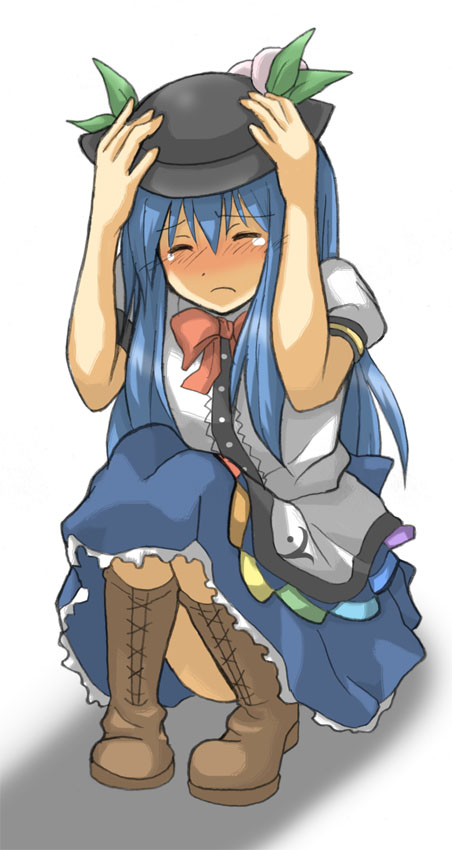 hino ryuu, hinoryu, hinanawi tenshi, touhou, bad id, bad pixiv id, 1girl, blue hair, cowering, female focus, hat, long hair, solo, squatting, tears