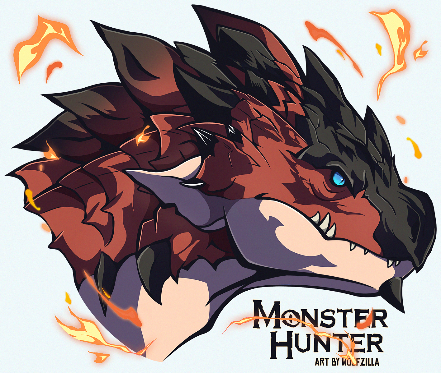woofzilla, rathalos, monster hunter (series), commentary, english commentary, highres, blue eyes, closed mouth, copyright name, cropped head, dragon, fire, grey background, no humans, sharp teeth, slit pupils, solo, teeth