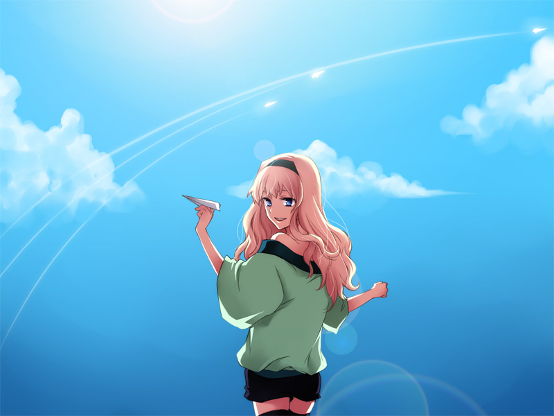 mitsuru (mitsu5), sheryl nome, macross, macross frontier, 00s, 1girl, bare shoulders, blonde hair, blue eyes, cloud, day, female focus, from behind, hairband, holding, holding paper airplane, lens flare, looking back, paper airplane, sky, smile, solo
