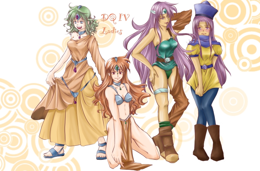 hatori naruyoshi, alena (dq4), heroine (dq4), manya (dq4), minea (dq4), chunsoft, dragon quest, dragon quest iv, enix, 4girls, alena (cosplay), alena (dq4) (cosplay), asymmetrical clothes, bikini, blue eyes, blue leggings, blush, boots, circlet, clothes pull, cosplay, costume switch, detached sleeves, dress, dress pull, embarrassed, green hair, hat, heroine (dq4) (cosplay), jewelry, kneeling, leggings, leotard, loincloth, long hair, manya (cosplay), minea (cosplay, minea (cosplay), multiple girls, necklace, orange dress, pantyhose, pelvic curtain, purple eyes, purple hair, red eyes, red hair, sandals, short hair, single thighhigh, skirt, skirt tug, smile, swimsuit, thighhighs, yellow skirt