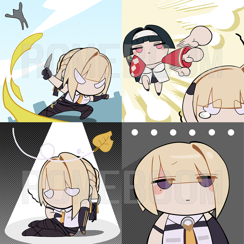 romeboom, astra yao, evelyn chevalier, zenless zone zero, 2girls, arm strap, black hair, blonde hair, chest harness, chibi, chibi only, emoji, gloves, half gloves, harness, hitting, knife, multiple girls, necktie, yellow necktie