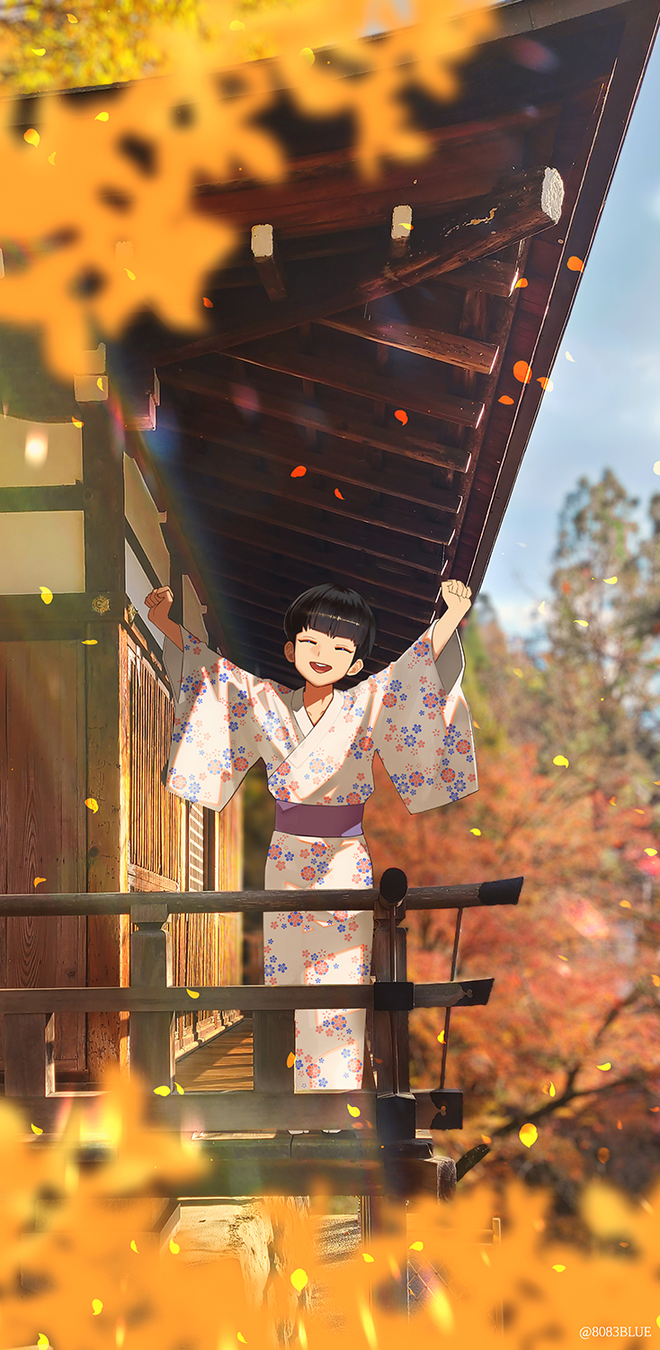 8083 blue, hoshina soshiro, kaijuu no. 8, commentary, highres, 1boy, arms up, autumn, black hair, blunt bangs, blurry, blurry background, blurry foreground, clenched hands, facing viewer, floral print, floral print kimono, full body, japanese clothes, kimono, long sleeves, male focus, outdoors, photo background, print kimono, short hair, standing, twitter username, white kimono, wide sleeves