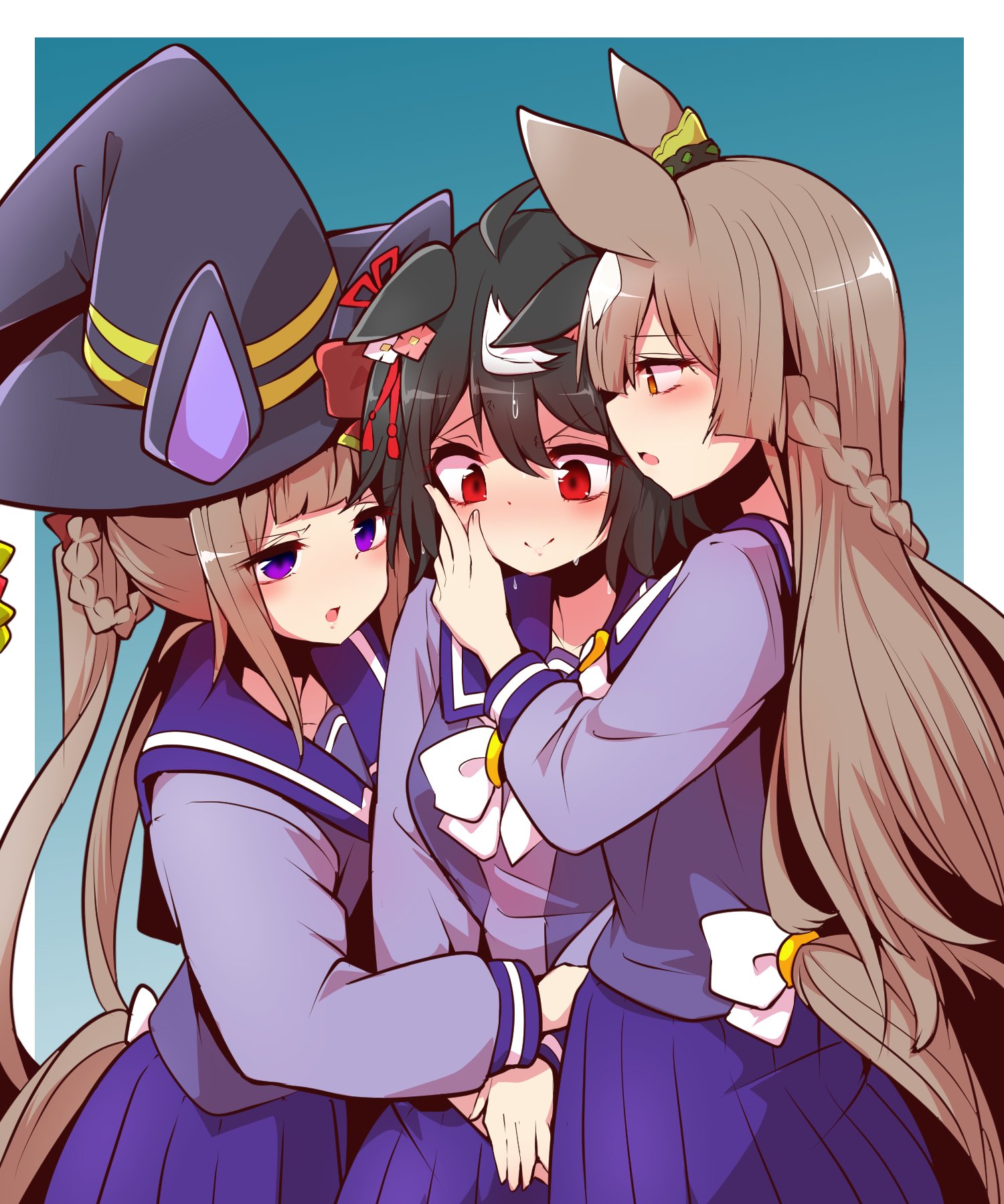 yonedatomo mizu, kitasan black (umamusume), satono diamond (umamusume), sweep tosho (umamusume), umamusume, highres, 3girls, animal ears, black hair, brown hair, girl sandwich, hat, horse ears, horse girl, long hair, multicolored hair, multiple girls, purple serafuku, sandwiched, school uniform, serafuku, tracen school uniform, very long hair, white hair, witch hat