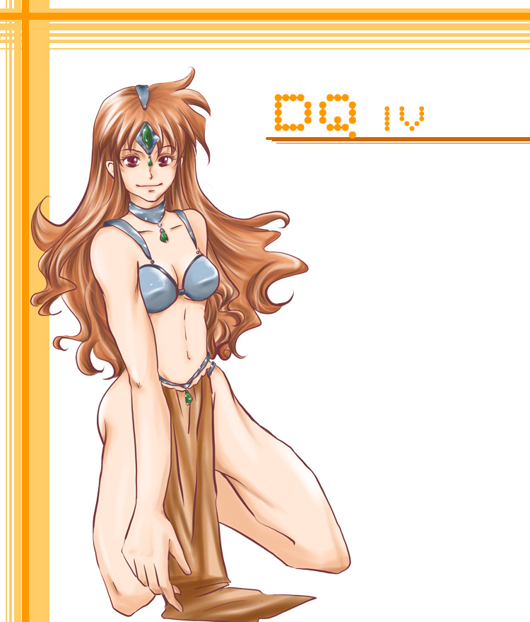 hatori naruyoshi, alena (dq4), manya (dq4), chunsoft, dragon quest, dragon quest iv, enix, 1girl, armor, bikini, bikini armor, circlet, cosplay, costume switch, dancer's costume (dq), female focus, jewelry, kneeling, loincloth, long hair, manya (cosplay), necklace, pelvic curtain, red eyes, red hair, solo, swimsuit