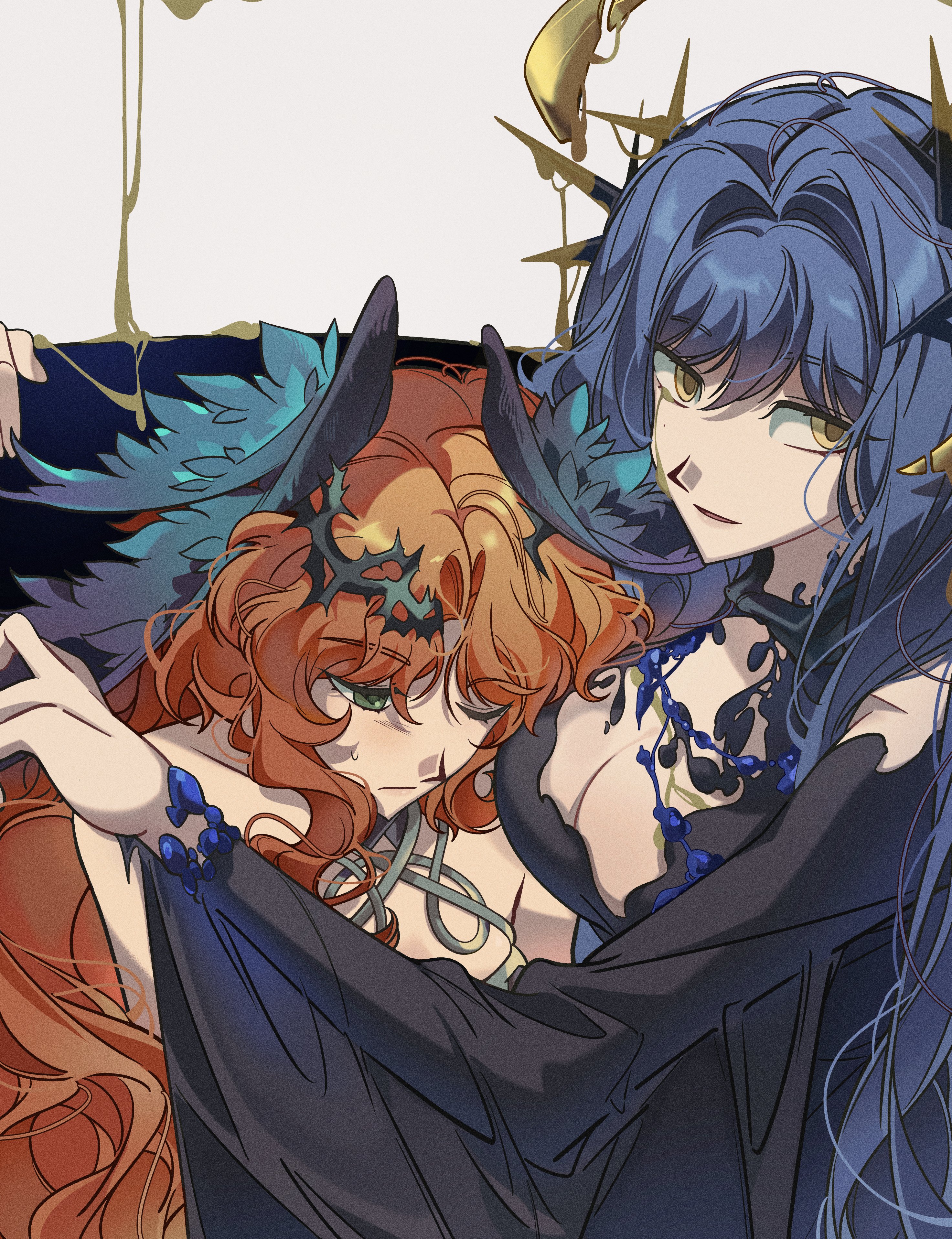 unhyang, arcana (paradise regained) (reverse:1999), arcana (reverse:1999), druvis iii, druvis iii (shrouded in thorns), reverse:1999, absurdres, highres, 2girls, ;/, bare shoulders, black dress, blue hair, blue wings, colored tears, crown of thorns, dress, feathered wings, green eyes, grey background, halter dress, halterneck, hand up, head on chest, head wings, looking at viewer, multiple girls, official alternate costume, orange hair, parted lips, single tear, smile, sweat, upper body, wand in head, wide sleeves, wings, yellow eyes