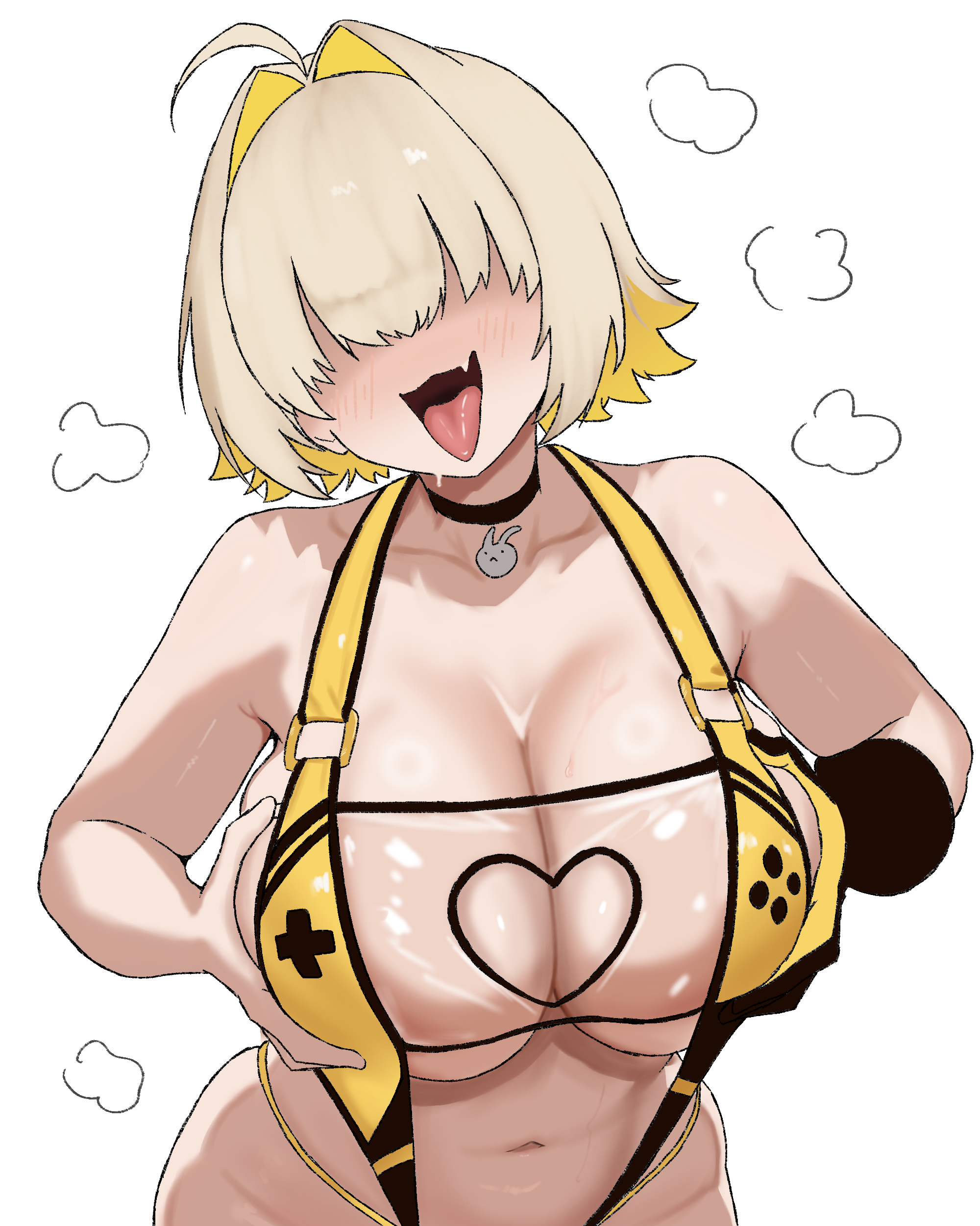 peace peace009, elegg (boom and shock) (nikke), elegg (nikke), goddess of victory: nikke, absurdres, highres, 1girl, :d, ahoge, black choker, blonde hair, blush, breasts, breasts squeezed together, choker, cleavage, collarbone, curvy, fang, gloves, hair intakes, hair over eyes, huge breasts, navel, open mouth, short hair, simple background, single glove, slingshot swimsuit, smile, solo, stomach, swimsuit, tongue, tongue out, white background, yellow slingshot swimsuit