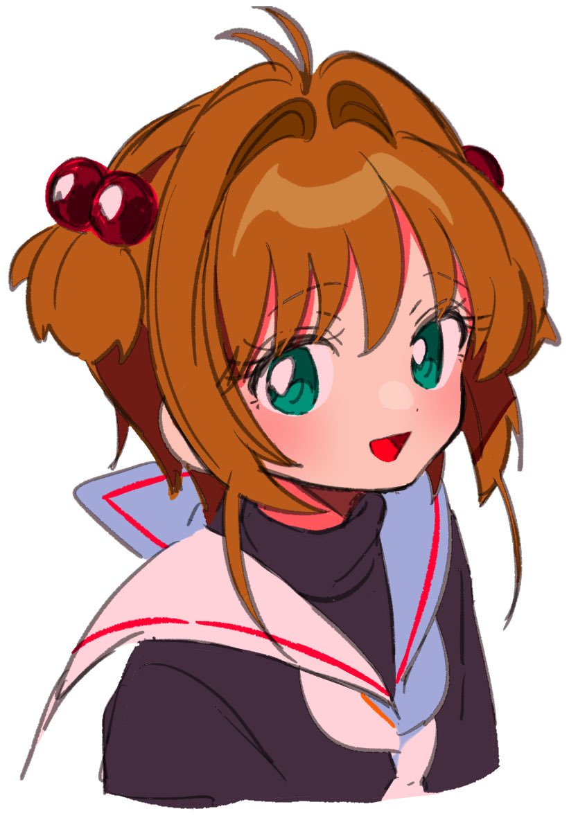 sanamaru (sana79261827), kinomoto sakura, cardcaptor sakura, 1girl, antenna hair, black shirt, brown hair, green eyes, hair bobbles, hair intakes, hair ornament, light blush, looking at viewer, neckerchief, open mouth, sailor collar, school uniform, shirt, short hair, sidelocks, simple background, smile, solo, tomoeda elementary school uniform, upper body, white background, white neckerchief, white sailor collar