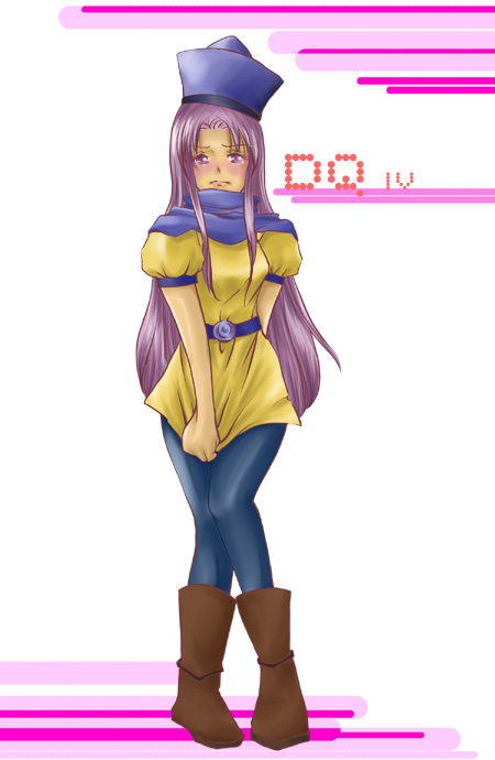 hatori naruyoshi, alena (dq4), minea (dq4), chunsoft, dragon quest, dragon quest iv, enix, 1girl, alena (cosplay), alena (dq4) (cosplay), blue pantyhose, blush, boots, clothes pull, copyright name, cosplay, costume switch, dress, dress pull, embarrassed, female focus, hat, leggings, long hair, pantyhose, purple eyes, purple hair, skirt, skirt tug, solo, yellow skirt