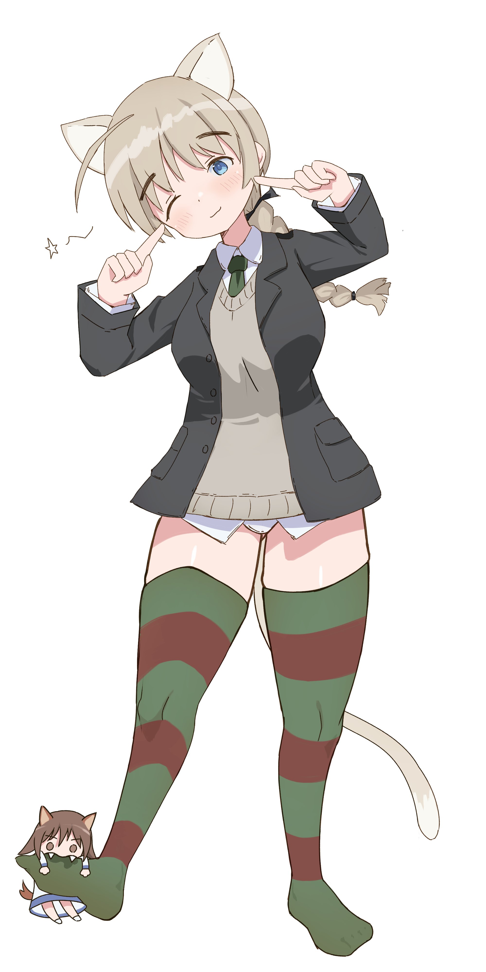 bkf3110, lynette bishop, miyako yoshika, strike witches, world witches series, absurdres, highres, 2girls, animal ears, biting, black jacket, blue eyes, blush, braid, brown hair, cat ears, cat girl, cat tail, chibi, dog ears, dog girl, dog tail, full body, jacket, long hair, multiple girls, necktie, no pants, one eye closed, shirt, short hair, simple background, single braid, smile, standing, striped clothes, striped thighhighs, sweater vest, tail, thighhighs, white background, white shirt