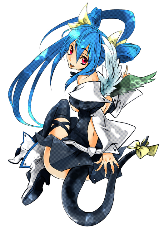 azusa (12eeeeco), dizzy (guilty gear), arc system works, guilty gear, bad id, bad pixiv id, 1girl, asymmetrical wings, blue hair, bow, breasts, female focus, hair bow, long hair, red eyes, ribbon, solo, tail, tail ornament, tail ribbon, thighhighs, underboob, wings