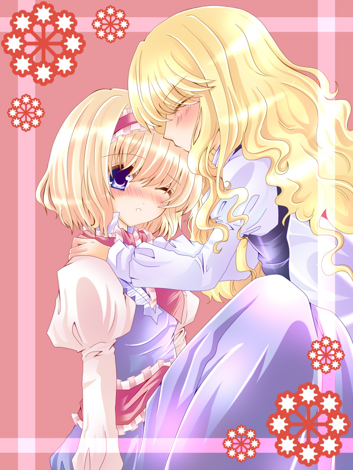 nanase nao, alice margatroid, kirisame marisa, touhou, bad id, bad pixiv id, 2girls, blonde hair, blue eyes, blush, female focus, hairband, long hair, multiple girls, short hair
