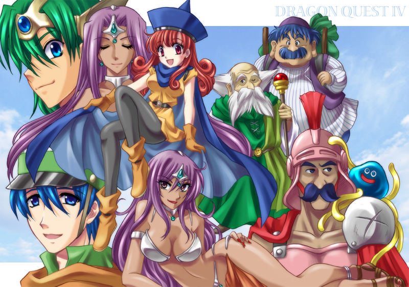 fu-ka, fuuka (toy jump), alena (dq4), brey, clift, healslime, hero (dq4), hoimin, manya (dq4), minea (dq4), ryan (dq4), torneko, torneko taloon, chunsoft, dragon quest, dragon quest iv, enix, 3girls, 5boys, armor, bikini, breasts, cape, circlet, cleavage, closed eyes, dancer's costume (dq), dark skin, dress, everyone, facial hair, gloves, green hair, hat, helmet, jewelry, large breasts, long hair, multiple boys, multiple girls, mustache, necklace, open mouth, pantyhose, purple eyes, purple hair, red eyes, red hair, robe, siblings, sisters, smile, staff, swimsuit