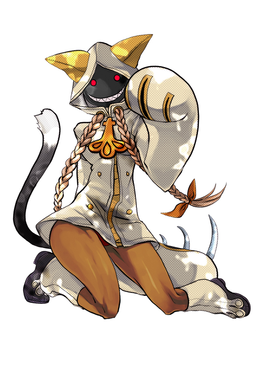 azusa (12eeeeco), taokaka, arc system works, blazblue, bad id, bad pixiv id, animal ears, animal hood, braid, cat ears, cat hood, cat tail, claws, dark-skinned female, dark skin, grin, hood, hoodie, long hair, panties, red eyes, red panties, smile, solo, tail, twin braids, underwear