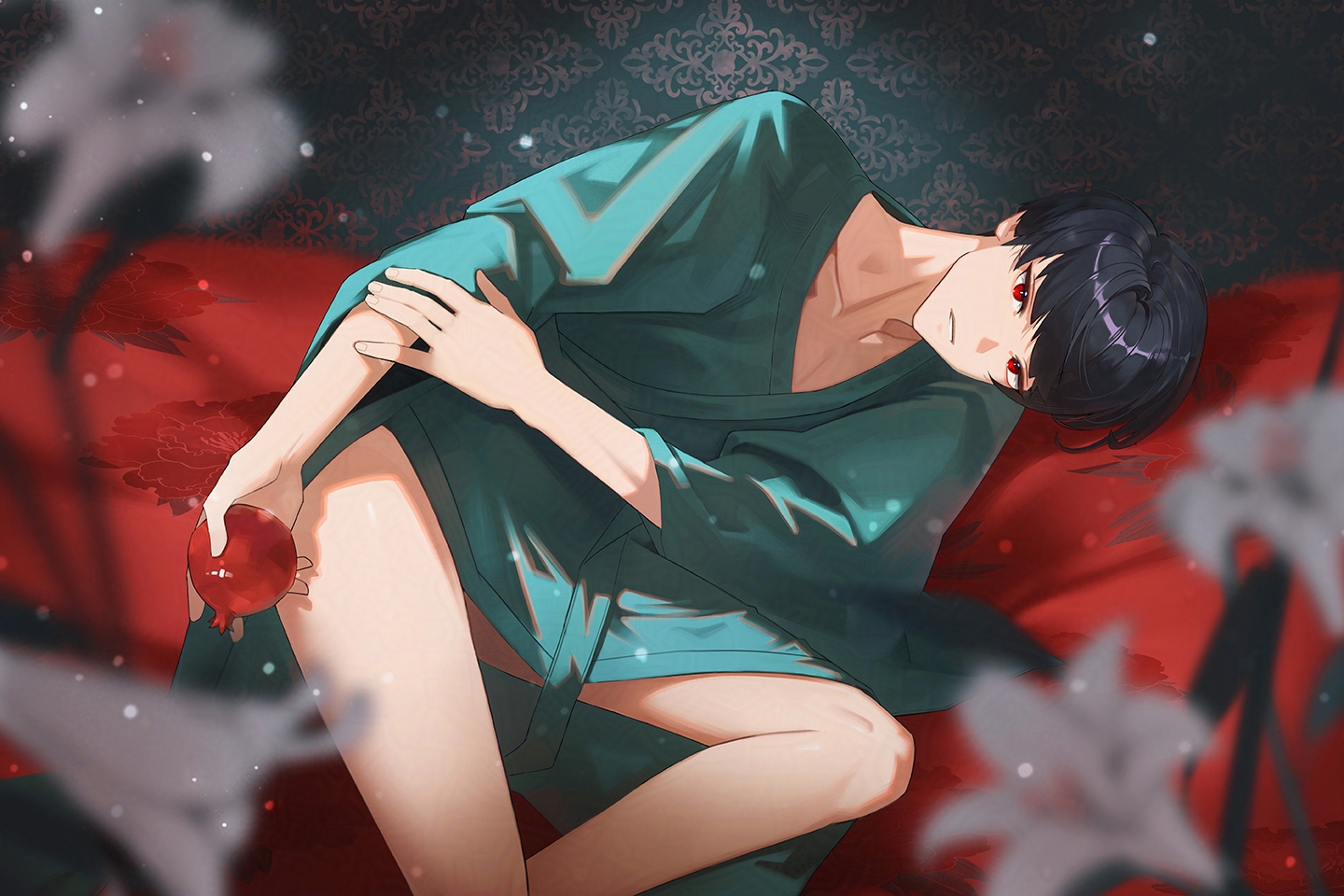 8083 blue, hoshina soshiro, kaijuu no. 8, white lily, commentary, 1boy, black hair, blanket, blurry, blurry foreground, collarbone, feet out of frame, food, fruit, green kimono, holding, holding food, holding fruit, japanese clothes, kimono, looking at viewer, male focus, pomegranate, red eyes, short hair, sitting, solo, wallpaper (object)