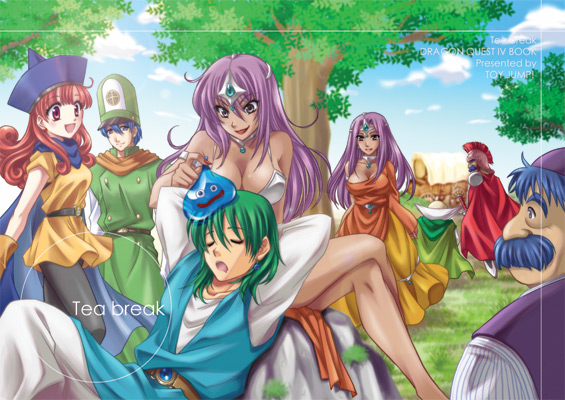 fu-ka, alena (dq4), brey, clift, hero (dq4), manya (dq4), minea (dq4), ryan (dq4), slime (dragon quest), torneko, torneko taloon, chunsoft, dragon quest, dragon quest iv, enix, 3girls, 5boys, bikini, breasts, cape, circlet, cleavage, dark skin, day, dress, everyone, facial hair, gloves, hat, helmet, jewelry, large breasts, long hair, multiple boys, multiple girls, mustache, necklace, old, old man, open mouth, pantyhose, pelvic curtain, purple eyes, purple hair, red eyes, red hair, siblings, sisters, sleeping, smile, swimsuit, tree, wagon, yellow dress