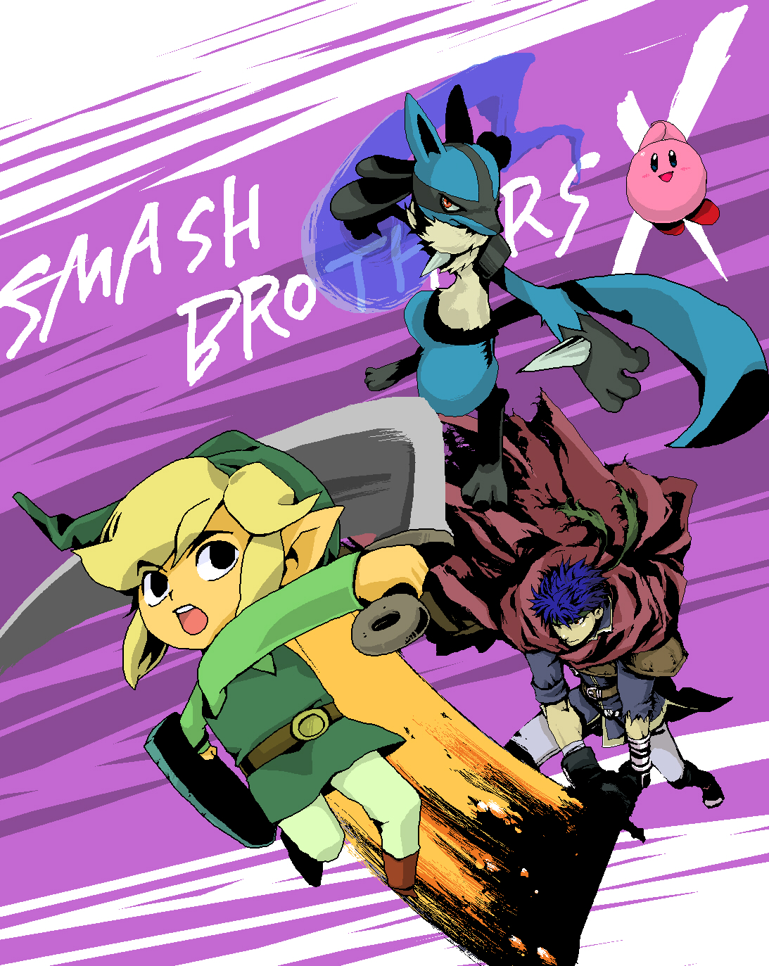 azusa (12eeeeco), ike (fire emblem), kirby, link, lucario, toon link, fire emblem, fire emblem: path of radiance, kirby (series), nintendo, pokemon, super smash bros., the legend of zelda, bad id, bad pixiv id, highres, 00s, 2boys, blonde hair, blue eyes, blue hair, cape, gen 4 pokemon, gloves, hat, headband, multiple boys, pointy ears, pokemon (creature), red eyes, shield, short hair, sword, weapon