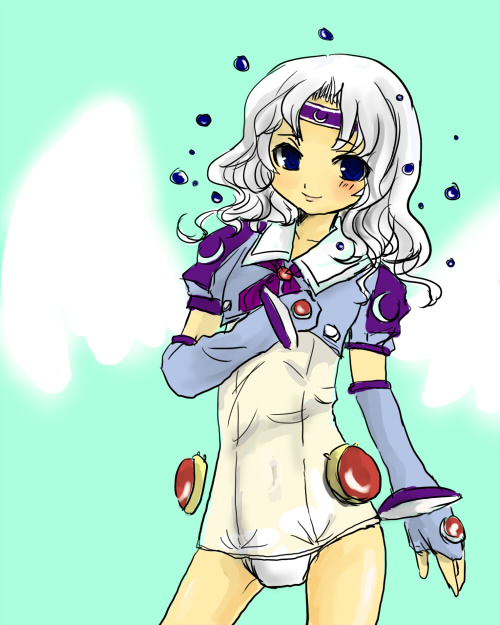 merenge, cecil harvey, dissidia final fantasy, final fantasy, final fantasy iv, makai tenshi djibril, bad id, bad pixiv id, 1boy, blue eyes, cosplay, crossdressing, crossdressing (mtf), gloves, male focus, one-piece swimsuit, school swimsuit, sketch, solo, swimsuit, swimsuit costume, trap, white hair, white one-piece swimsuit, white school swimsuit, wings