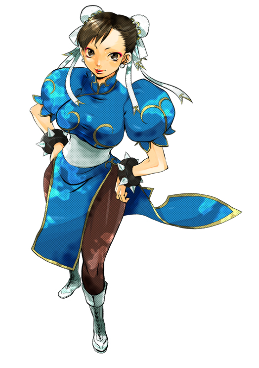 azusa (12eeeeco), chun-li, capcom, street fighter, bad id, bad pixiv id, 1girl, bracelet, brown eyes, brown hair, bun cover, china dress, chinese clothes, double bun, dress, female focus, hair bun, jewelry, lipstick, makeup, pantyhose, pelvic curtain, short hair, simple background, solo, spiked bracelet, spikes