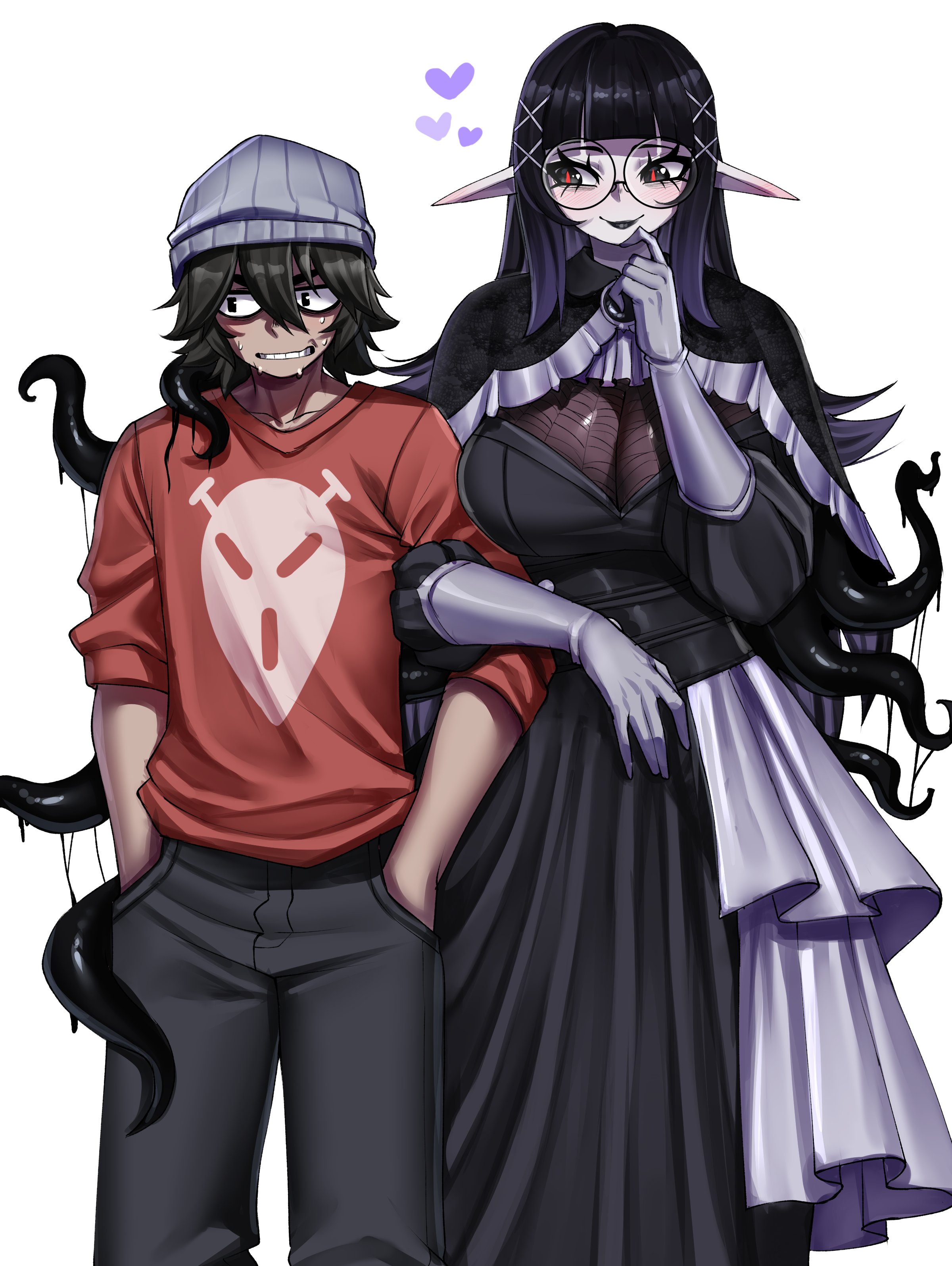 rageman709, original, absurdres, highres, 1boy, 1girl, beanie, black eyes, black hair, black lips, blush, breasts, cleavage, cropped legs, gloves, goth fashion, hair ornament, hat, heart, huge breasts, lady belladonna (rageman709), locked arms, long eyelashes, long hair, long pointy ears, long sleeves, looking at another, nervous sweating, pale skin, pointy ears, red eyes, red shirt, shirt, slime (substance), slit pupils, spider web print, sweat, t-shirt, tentacles, white background, white gloves
