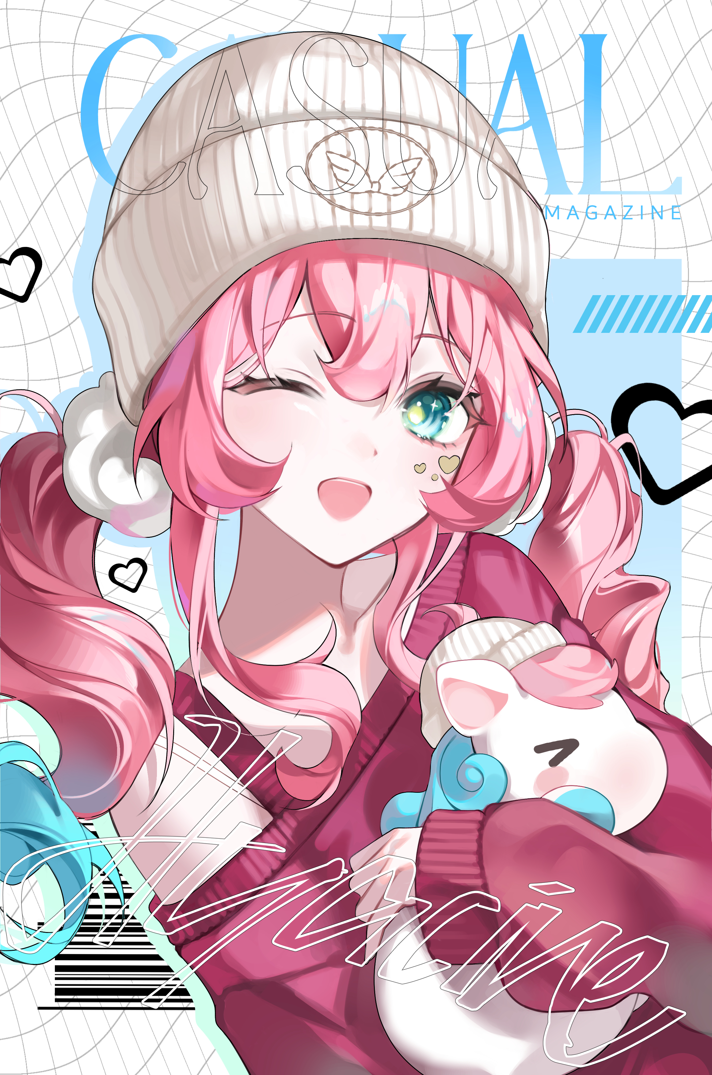 nod2 u, hyacine (honkai: star rail), little ica (honkai: star rail), honkai: star rail, honkai (series), absurdres, hashtag-only commentary, highres, 1girl, alternate costume, aqua eyes, aqua hair, beanie, character name, cover, creature, drill hair, fake magazine cover, gradient hair, hat, heart, holding, holding creature, looking at viewer, magazine cover, medium hair, multicolored hair, one eye closed, open mouth, pink hair, red sweater, ribbed hat, sidelocks, single bare shoulder, smile, solo, sweater, twin drills, twintails, two-tone hair, upper body, white hat