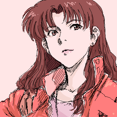 shou (akuma no ryouiki), katsuragi misato, neon genesis evangelion, lowres, 1girl, brown eyes, brown hair, earrings, female focus, jewelry, lipstick, long hair, looking at viewer, makeup, oekaki, simple background, sketch, solo