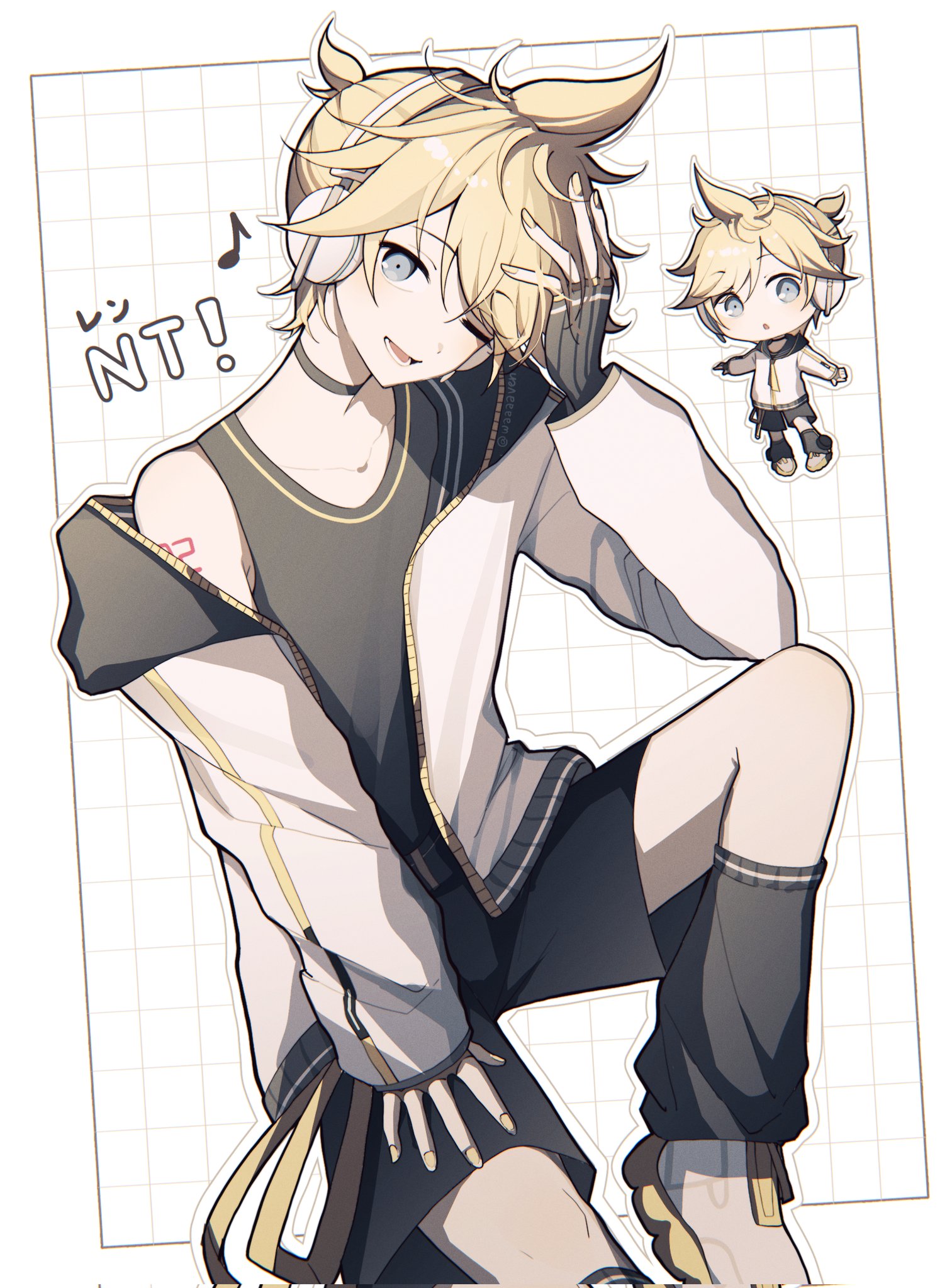 kagamine len, kagamine len (nt), vocaloid, commentary, highres, 1boy, ;d, ahoge, art waven, black choker, black gloves, black hood, black shirt, black shorts, black socks, blonde hair, border, character name, choker, chromatic aberration, collarbone, cowboy shot, film grain, fingerless gloves, gloves, grey eyes, grid background, hand on own head, hand on own thigh, headphones, hood, hood down, hooded jacket, invisible chair, jacket, knee up, kneehighs, long sleeves, looking at viewer, loose socks, lower teeth only, male focus, musical note, nail polish, number tattoo, one eye closed, open clothes, open jacket, open mouth, outline, outside border, ponytail, puffy long sleeves, puffy sleeves, ribbed gloves, shirt, short hair, short ponytail, shorts, shoulder tattoo, simple background, single bare shoulder, sitting, sleeveless, sleeveless shirt, smile, socks, solo, tattoo, teeth, tongue, white background, white border, white jacket, white outline, yellow nails