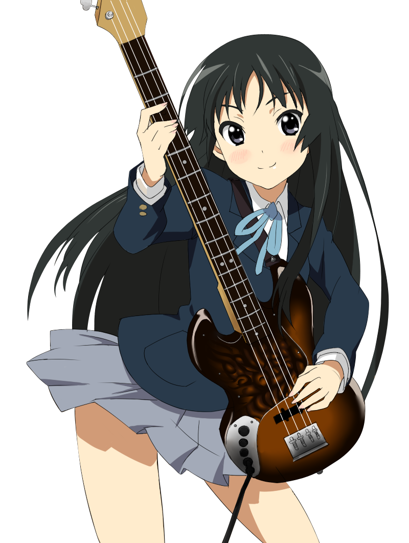rutarou, akiyama mio, k-on!, 00s, 1girl, bass guitar, black hair, blunt bangs, female focus, hime cut, instrument, long hair, school uniform, solo, transparent background