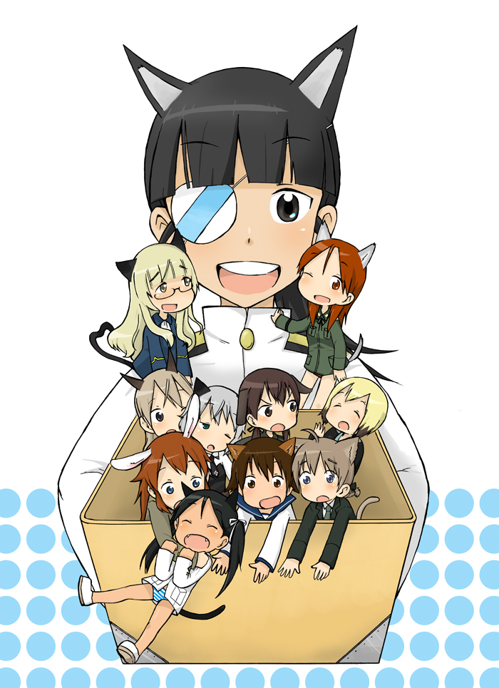 kumichou (kumichoubox), charlotte e. yeager, eila ilmatar juutilainen, erica hartmann, francesca lucchini, gertrud barkhorn, lynette bishop, minna-dietlinde wilcke, miyafuji yoshika, perrine h. clostermann, sakamoto mio, sanya v. litvyak, strike witches, world witches series, bad id, bad pixiv id, 00s, 501st joint fighter wing, 6+girls, animal ears, everyone, eyepatch, multiple girls, panties, rabbit girl, tail, underwear