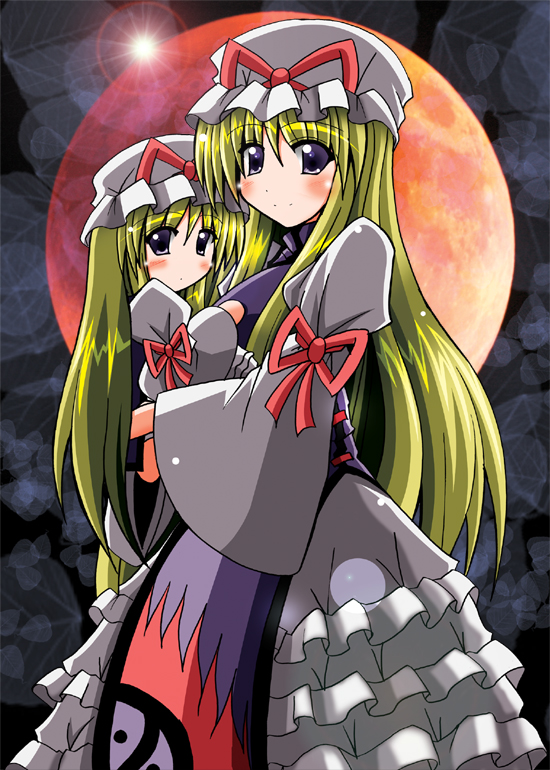 kotorimax, yakumo yukari, yakumo yukari (young), touhou, 2girls, aged down, blonde hair, child, dual persona, female focus, hat, long hair, multiple girls, purple eyes, standing, time paradox