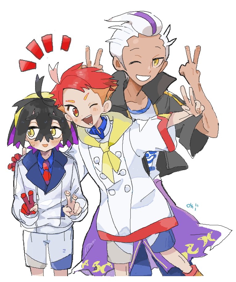 konoooc, crispin (pokemon), drayton (pokemon), kieran (pokemon), nintendo, pokemon, pokemon sv, commentary request, 3boys, black hair, blush, clothes around waist, collared shirt, crossed bangs, dark-skinned male, dark skin, double v, gloves, grin, hair between eyes, jacket, male focus, multicolored hair, multiple boys, one eye closed, open mouth, orange hair, partially fingerless gloves, purple hair, red hair, shirt, shorts, simple background, single glove, smile, sweat, v, white background, white hair, yellow eyes
