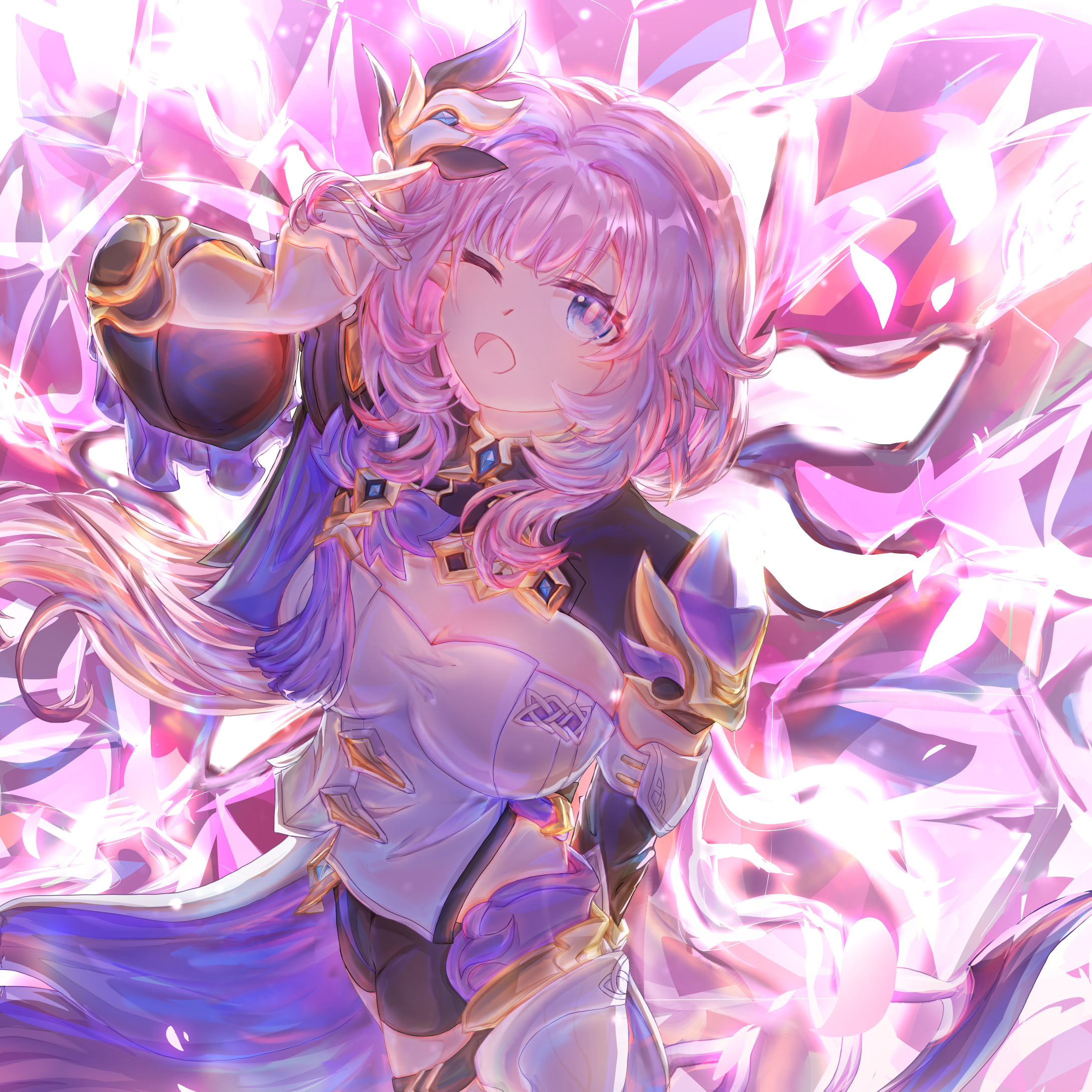 elysia (honkai impact), elysia (miss pink elf) (honkai impact), honkai (series), honkai impact 3rd, chinese commentary, commentary request, highres, 1girl, ;o, black shorts, blue eyes, breasts, cleavage, corset, hair ornament, large breasts, long hair, ningjing jingzi, one eye closed, pink hair, short shorts, shorts, shrug (clothing), solo, very long hair, white corset