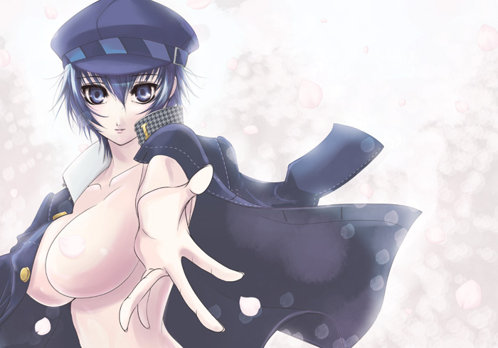 sakurasawa yukino, shirogane naoto, atlus, persona, persona 4, blue eyes, blue hair, breasts, hat, large breasts, newsboy cap, petals, short hair