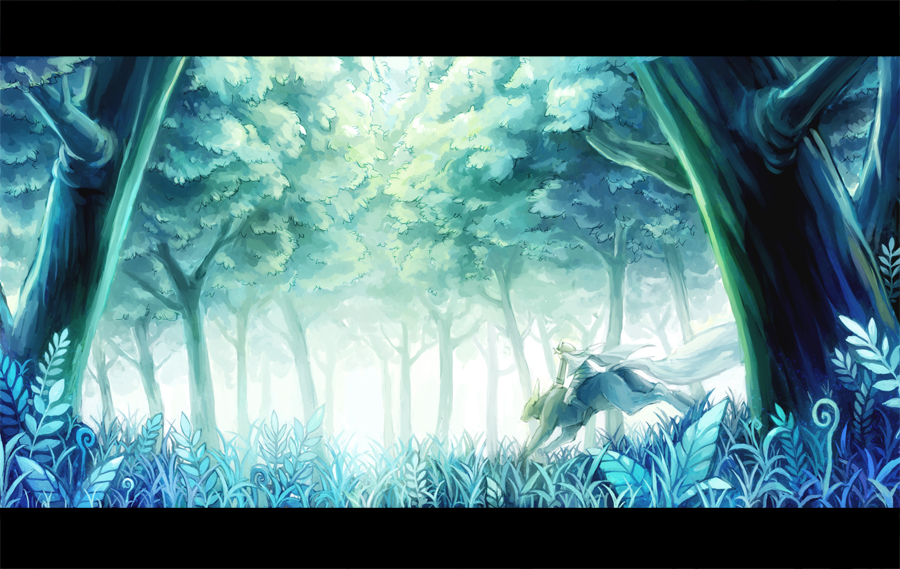 nemu (isaya), nemu (pixiv), pixiv fantasia, pixiv fantasia 3, bad id, bad pixiv id, 1boy, forest, grass, letterboxed, male focus, nature, riding, scenery, solo, tree