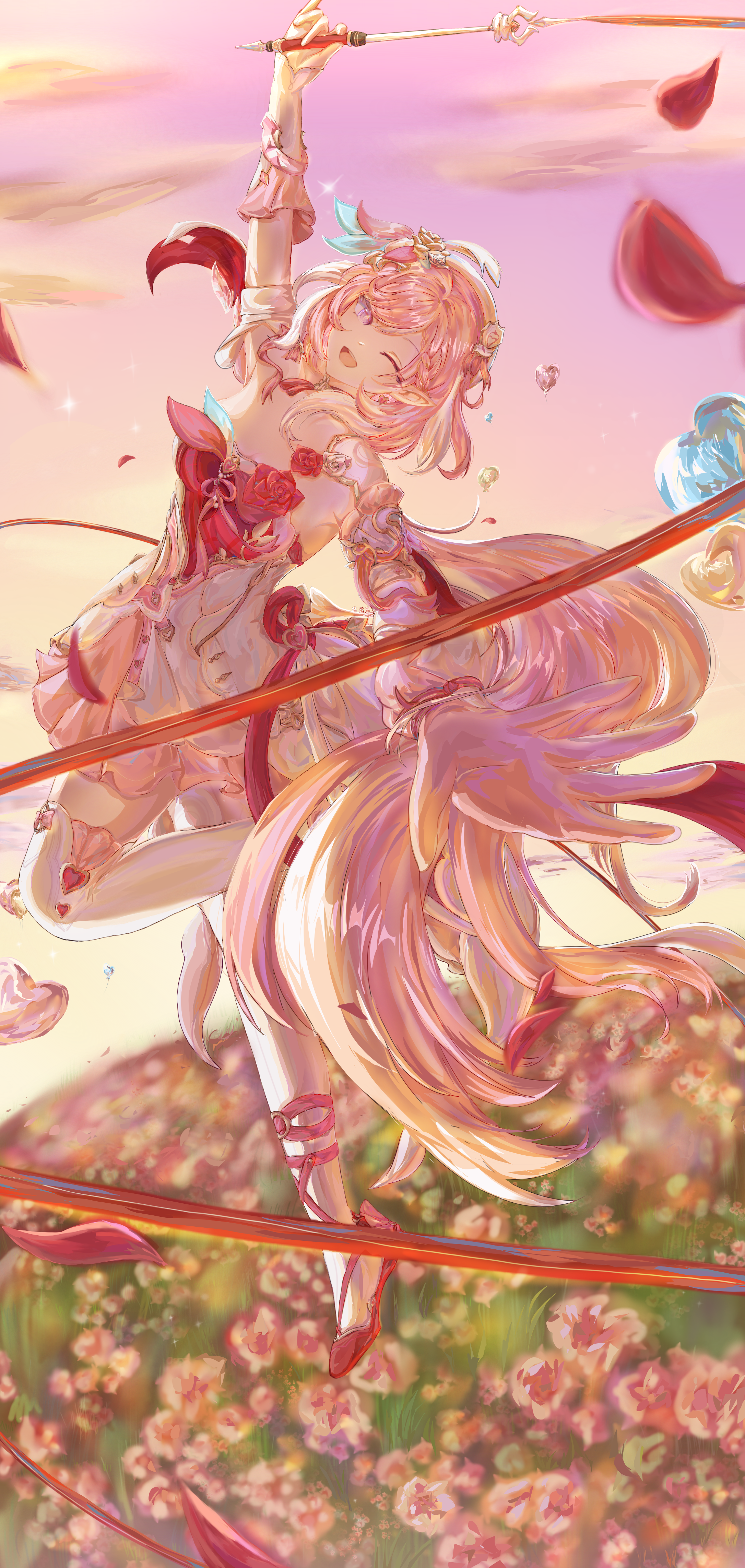 elysia (hi love elf) (honkai impact), elysia (honkai impact), honkai (series), honkai impact 3rd, absurdres, chinese commentary, commentary request, highres, 1girl, beret, breasts, diamond-shaped pupils, diamond (shape), dress, earrings, elf, falling petals, field, flower, flower field, hat, heart, heart earrings, high heels, holding ribbon baton, jewelry, large breasts, long hair, multicolored hair, ningjing jingzi, outdoors, petals, pink flower, pink hair, pink sky, pointy ears, purple eyes, red dress, ribbon, ribbon baton, sky, solo, symbol-shaped pupils, thighhighs, two-tone dress, two-tone hair, very long hair, white dress, white hair, white thighhighs