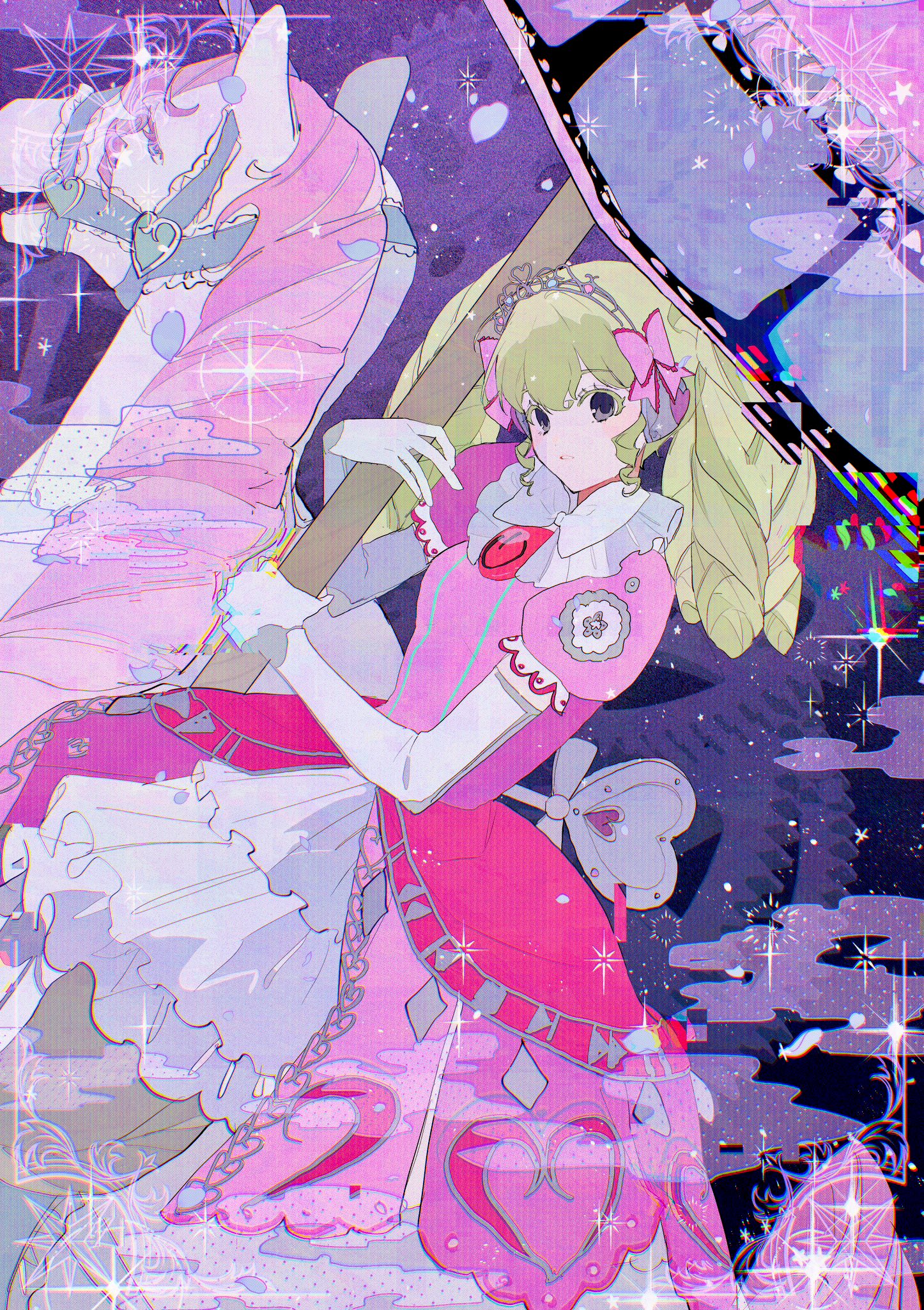 lrprr, falulu, pretty series, pripara, highres, 1girl, amusement park, bow, carousel, chromatic aberration, dress, elbow gloves, gears, glitch, gloves, green hair, grey eyes, hair bow, headphones, horse, horseback riding, idol clothes, long hair, looking at viewer, pink bow, pink dress, puffy short sleeves, puffy sleeves, riding, short sleeves, sidesaddle, sitting, solo, sparkle, tiara, twintails, white gloves, white horse, winding key