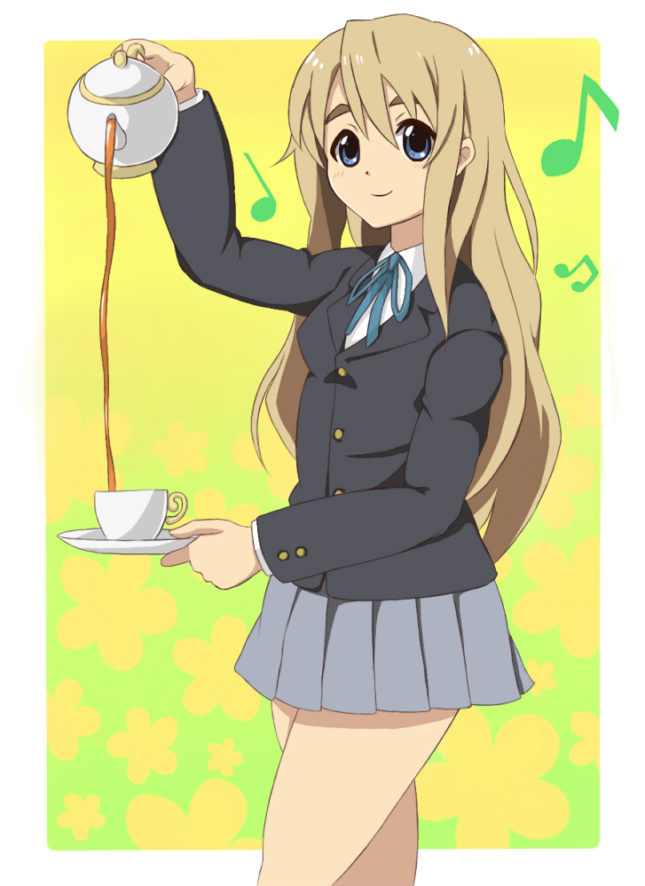 kazumania, kotobuki tsumugi, k-on!, bad id, bad pixiv id, 00s, 1girl, decantering, female focus, musical note, pouring, school uniform, solo, tea