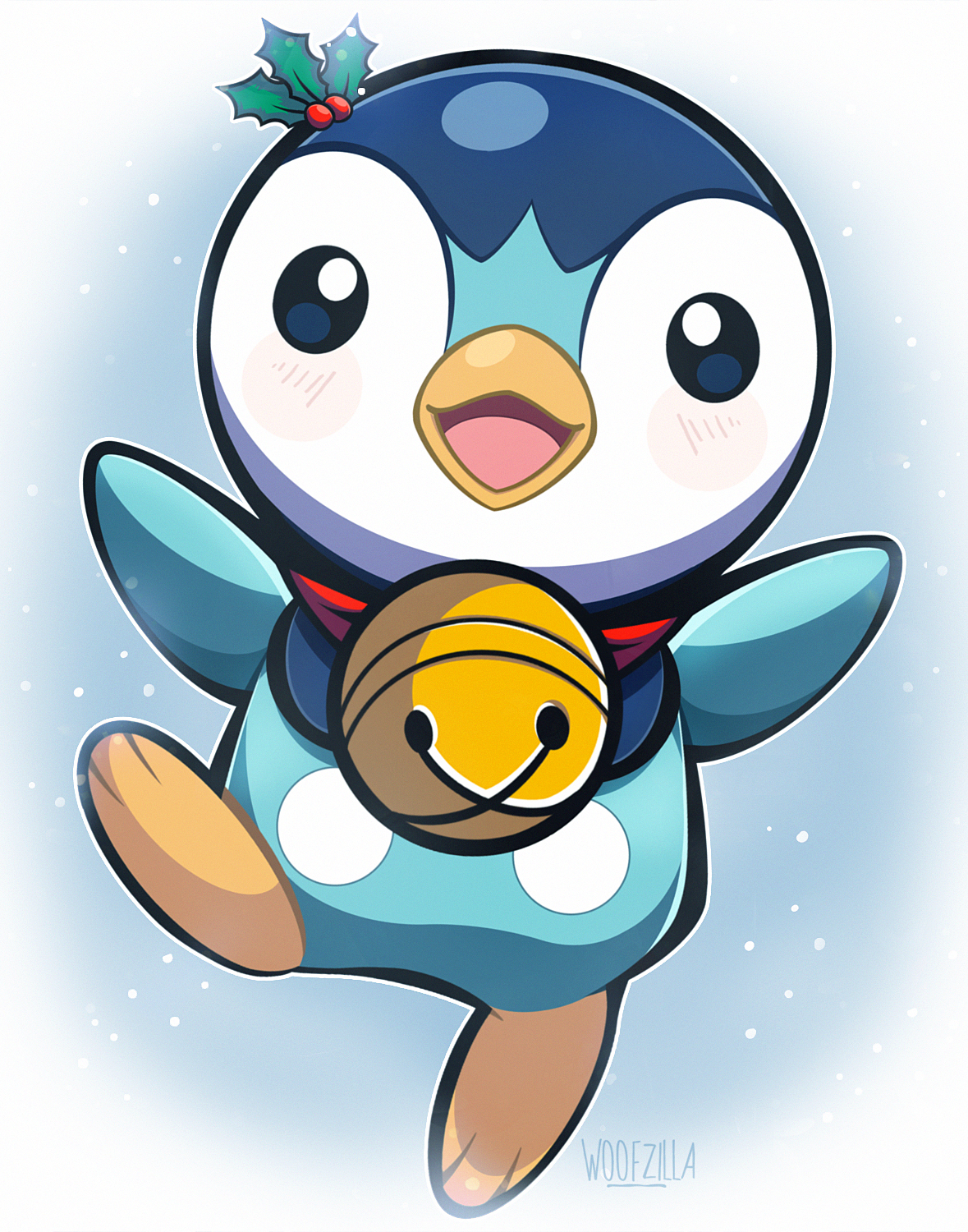 woofzilla, piplup, nintendo, pokemon, commentary, english commentary, highres, animal focus, arms up, artist name, bell, blush, full body, gen 4 pokemon, holly, looking at viewer, neck bell, no humans, open mouth, pokemon (creature), solo