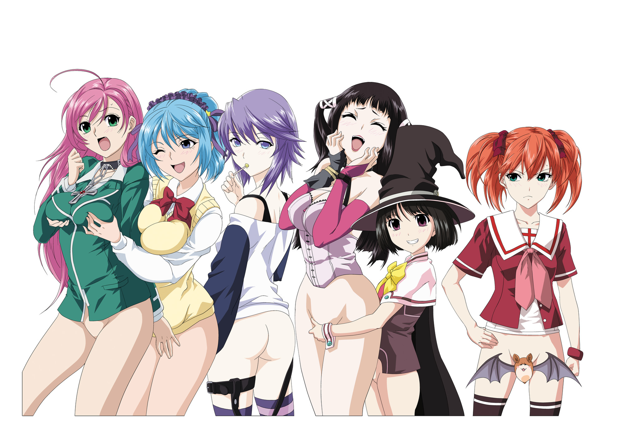 kamoroosaazu, akashiya moka, kurono kurumu, nazo koumori, sendou yukari, shirayuki mizore, shuzen kokoa, toujou ruby, rosario+vampire, striped legwear, highres, 00s, 6+girls, ahoge, ass, bat (animal), black hair, black thighhighs, blazer, blouse, blue eyes, blue hair, blush, bob cut, bottomless, bow, breast press, breasts, bridal gauntlets, candy, cape, censored, choker, cleavage, closed eyes, cross, demon girl, elbow gloves, everyone, fang, female focus, fingering, food, frown, gloves, grabbing another's breast, green shirt, grin, groin, groping, hair ornament, hair ribbon, hairband, hand on own hip, happy, hat, hip focus, jacket, large breasts, laughing, legwear garter, lineup, lipstick, lollipop, long hair, looking back, makeup, multiple girls, no panties, no pussy, novelty censor, off shoulder, one eye closed, open mouth, orange hair, pink eyes, purple eyes, purple hair, ribbon, school uniform, shirt, short hair, short twintails, smile, striped clothes, striped thighhighs, sweat, sweater, sweater vest, thigh strap, thighhighs, twintails, vampire, wink, witch, witch hat, wrist cuffs, yuri