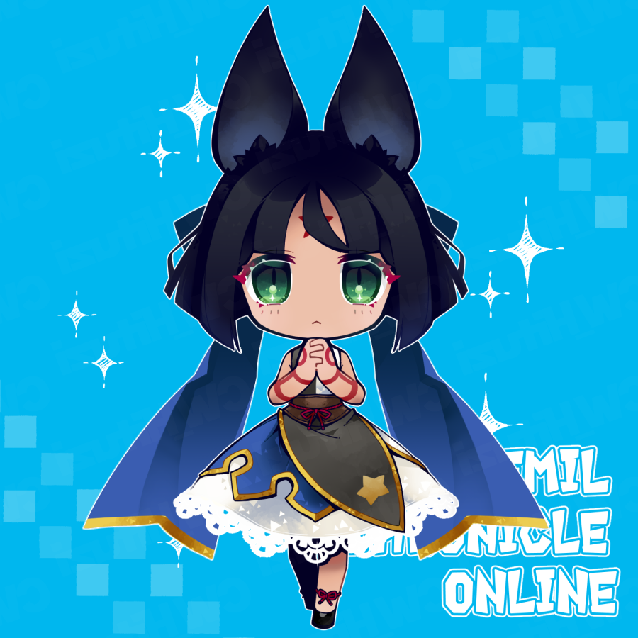emil chronicle online, 1girl, animal ears, black boots, black dress, black hair, blue background, blue dress, blue ribbon, body markings, boots, brown corset, chibi, copyright name, corset, cw hituzi, dress, facial mark, green eyes, hair ribbon, looking at viewer, praying, ribbon, shugoma ruu, solo, white dress